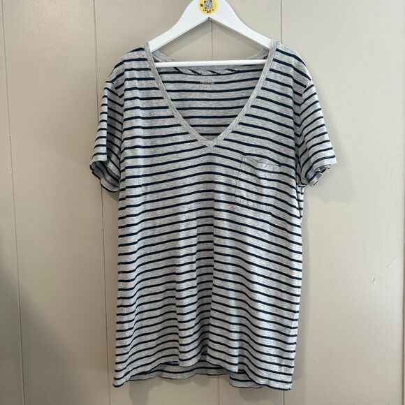 Madewell Whisper Cotton V-Neck Striped Pocket Tee Gray Navy Women’s Size Medium - Picture 1 of 4